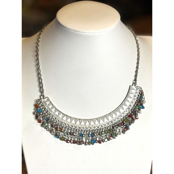 Silver Bib Necklace With Multicolor Beaded Fringe Adjustable Chain Bohemian Styl - Picture 1 of 10